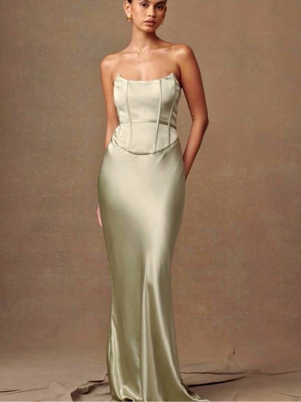 Meshki Harlow Strapless Satin Corset Maxi Dress in Light Sage Green